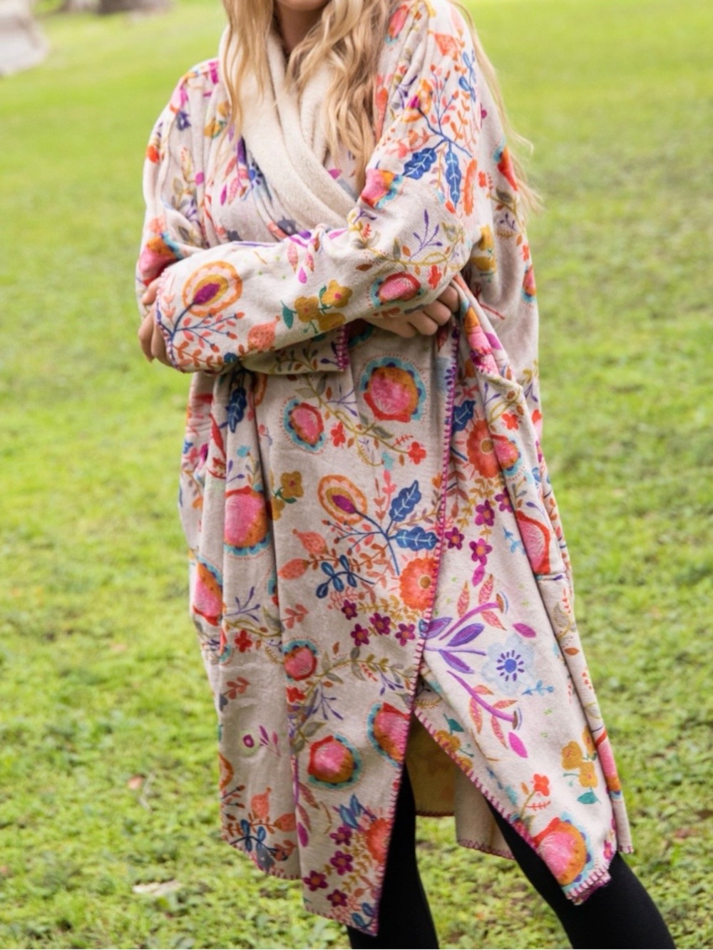 Natural Life S/M Floral Hooded Sherpa Lined Long Cardigan Coat Boho Open Front
